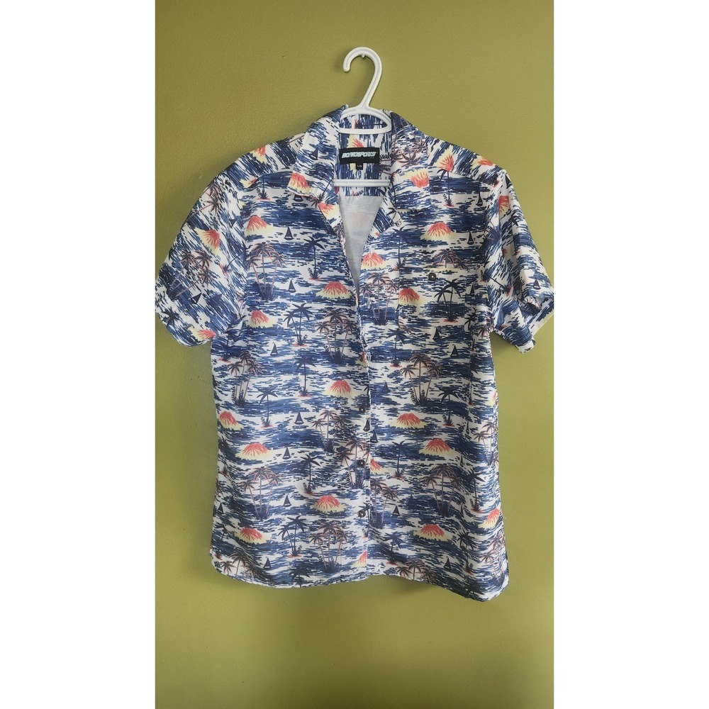 Boardsports USA Button Up Shirt Volcano Floral Aloha Blue Size L